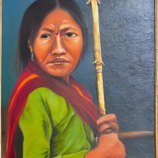 Prompt: a nepali woman carrying a sword, fierce, oil painting