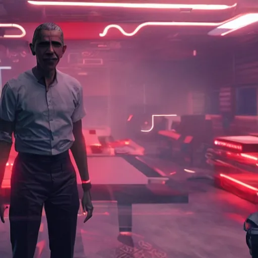 Prompt: barack obama as a cyborg in cyberpunk 2 0 7 7, technological, movie footage, high - tech, still frame