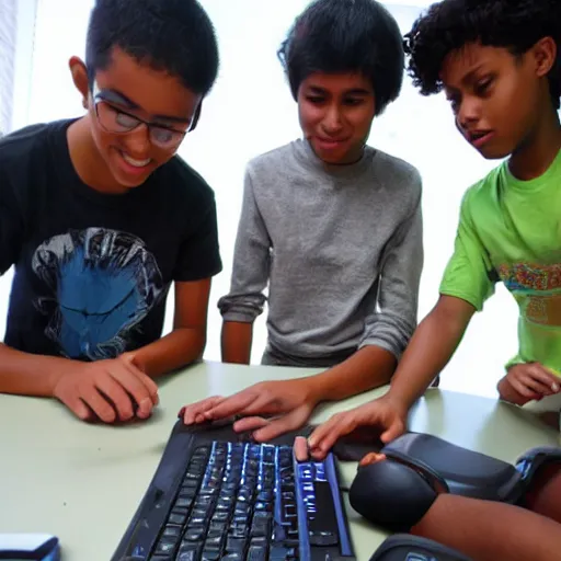 Prompt: four students playing in computer games