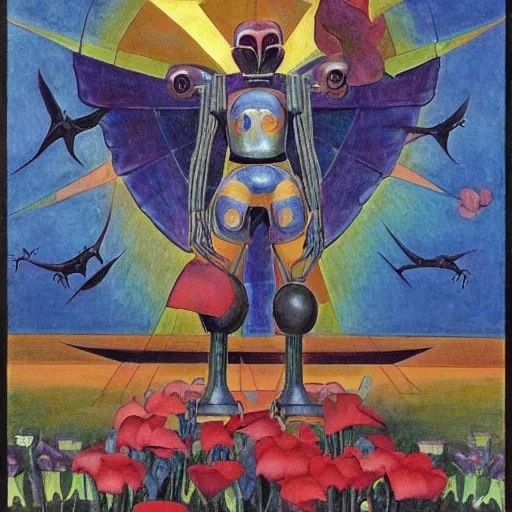 Image similar to the crow in her robot mask stands on the lawn, by annie swynnerton and kit williams and diego rivera and leo and diane dillon and nicholas roerich, symbolist, dramatic lighting, elaborate geometric ornament, art brut, god rays, soft cool colors, smooth, sharp focus, extremely detailed