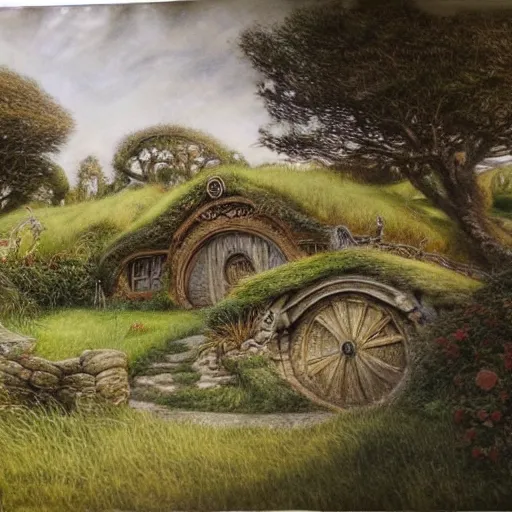 Image similar to beautiful serene hobbiton, by alan lee, lord of the rings, smooth, detailed terrain, pencil style, concept art, trending on art station.