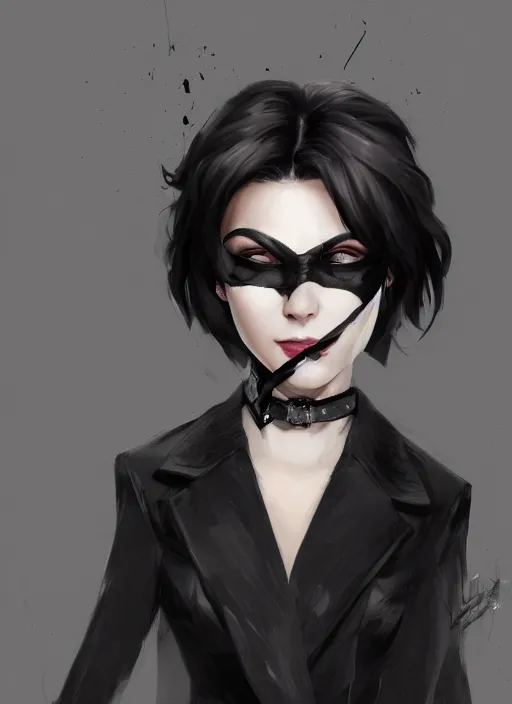 Image similar to a highly detailed illustration of beautiful short black messy haired woman wearing black eyepatch on one eye and noir style suit and tie, dramatic smiling pose, intricate, elegant, highly detailed, centered, digital painting, artstation, concept art, smooth, sharp focus, league of legends concept art, WLOP