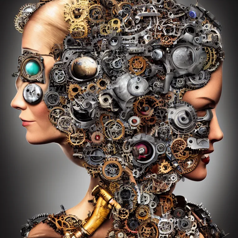 Image similar to profile portrait of a woman, computer parts, mechanical parts, by giuseppe arcimboldo, steampunk, cyberpunk, futuristic, psychedelic, surreal, sci - fi, vaporwave, alien, dreamlike.