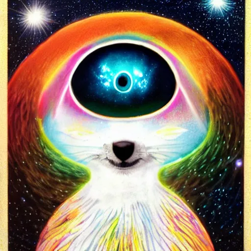 Image similar to adorable animal spirit guide with big beautiful eyes, galactic background