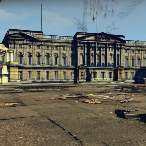 Image similar to buckingham palace in ruins post - nuclear war in fallout 4, in game screenshot