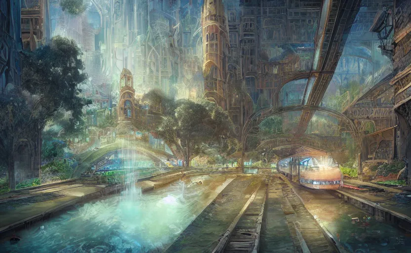 Image similar to An urban train rides inside of a waterway on a fantasy city, next to a fountain and a mystical palace. By William-Adolphe Bouguerea, Jordan grimmer, fractal flame. Highly_detailded