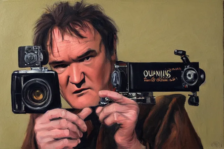 Image similar to Quentin tarantino holding a 16 mm camera, oil painting