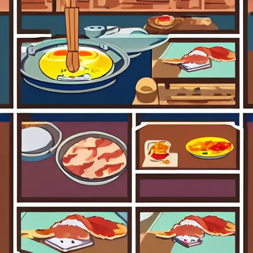 Prompt: cooking bacon and eggs on a beautiful peaceful morning by studio ghibli