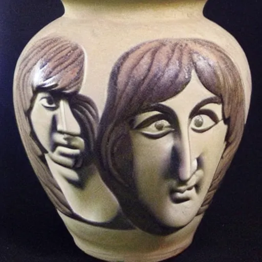 Prompt: vase work, vase art of The beatles in art style of greek art, fragmented clay firing Greek vase with an The beatles, greek art!!!!! greek art