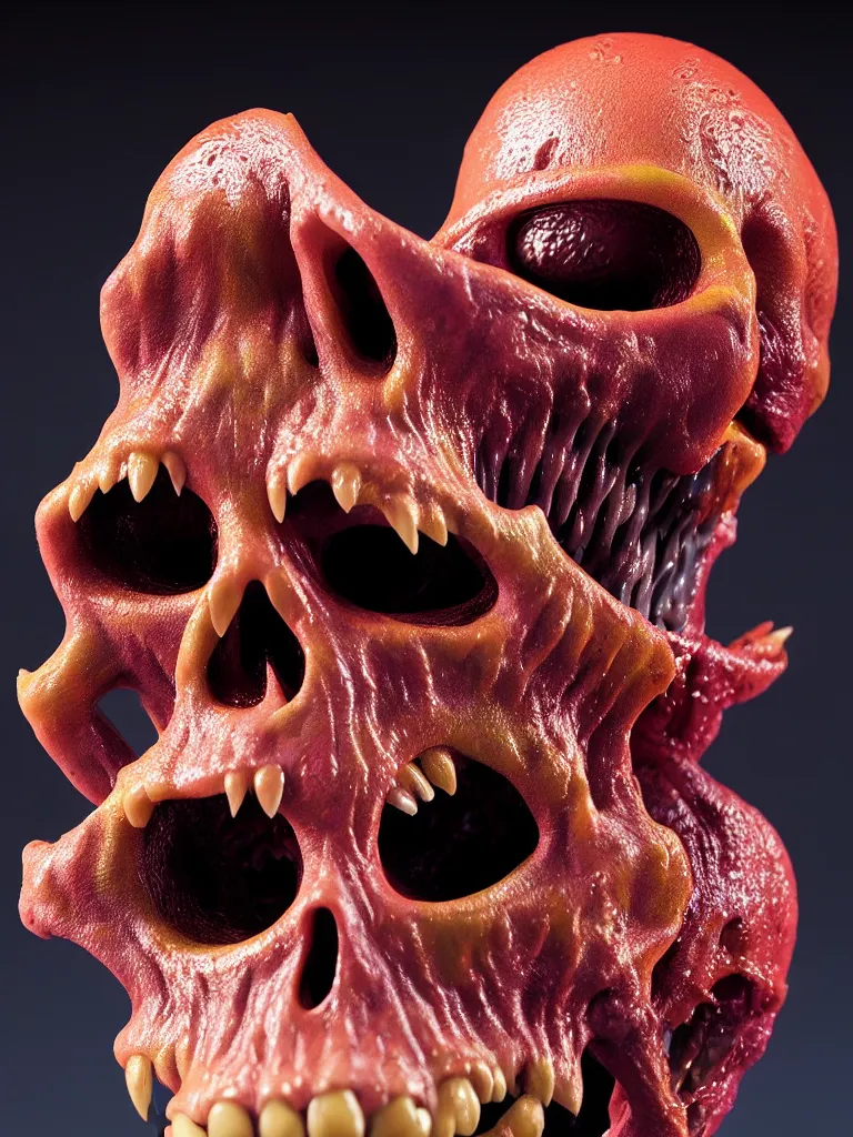 Image similar to hyperrealistic subsurface scattering rendering, fat smooth wet cronenberg flesh monster smooth skull and ribcages kaiju by art of skinner and richard corben and jeff easley, product photography, action figure, sofubi, studio lighting, colored gels