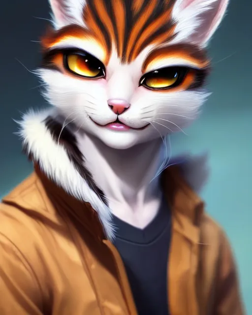 Image similar to character concept art of a young male anthropomorphic furry cat | | cute - fine - face, pretty face, key visual, realistic shaded perfect face, fine details by stanley artgerm lau, wlop, rossdraws, james jean, andrei riabovitchev, marc simonetti, and sakimichan, trending on artstation