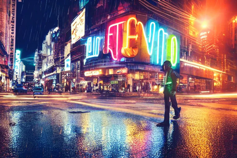 Image similar to a cinematic photograph of jesus walking through a utopian city street on a sunny day, rain falls, neon advertisement light up the street, ultra realistic, high definition
