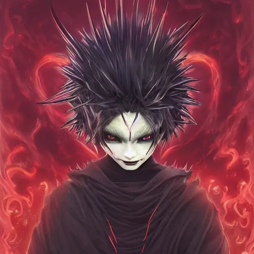 Image similar to demon boy, yokai boy with wild spiky hair, vantablack cloak, red eyes, ultra realistic, concept art, intricate details, eerie, highly detailed, photorealistic, octane render, 8 k, unreal engine. art by artgerm and greg rutkowski and charlie bowater and magali villeneuve and alphonse mucha