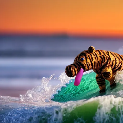 Image similar to a closeup photorealistic photograph of a cute smiling knitted tiger hippopotamus riding a wave at sunset. surf in background. professional capture. brightly lit scene. this 4 k hd image is trending on artstation, featured on behance, well - rendered, extra crisp, features intricate detail, epic composition and the style of unreal engine.