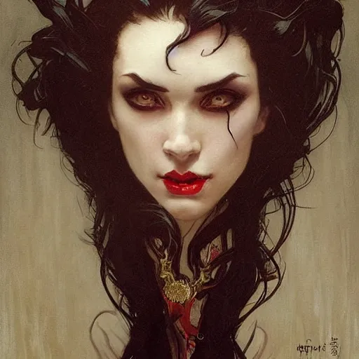 Prompt: portrait of a menacing beautiful vampire, by Stanley Artgerm Lau , greg rutkowski, thomas kindkade, alphonse mucha, loish, norman rockwell, J. C. Leyendecker. deep black hair, pale skin, sinister complexion, beautiful detailed eyes, detailed mouth, rose. D&D, fantasy. Trending on artstation rule of thirds extremely detailed illustration hd 4k