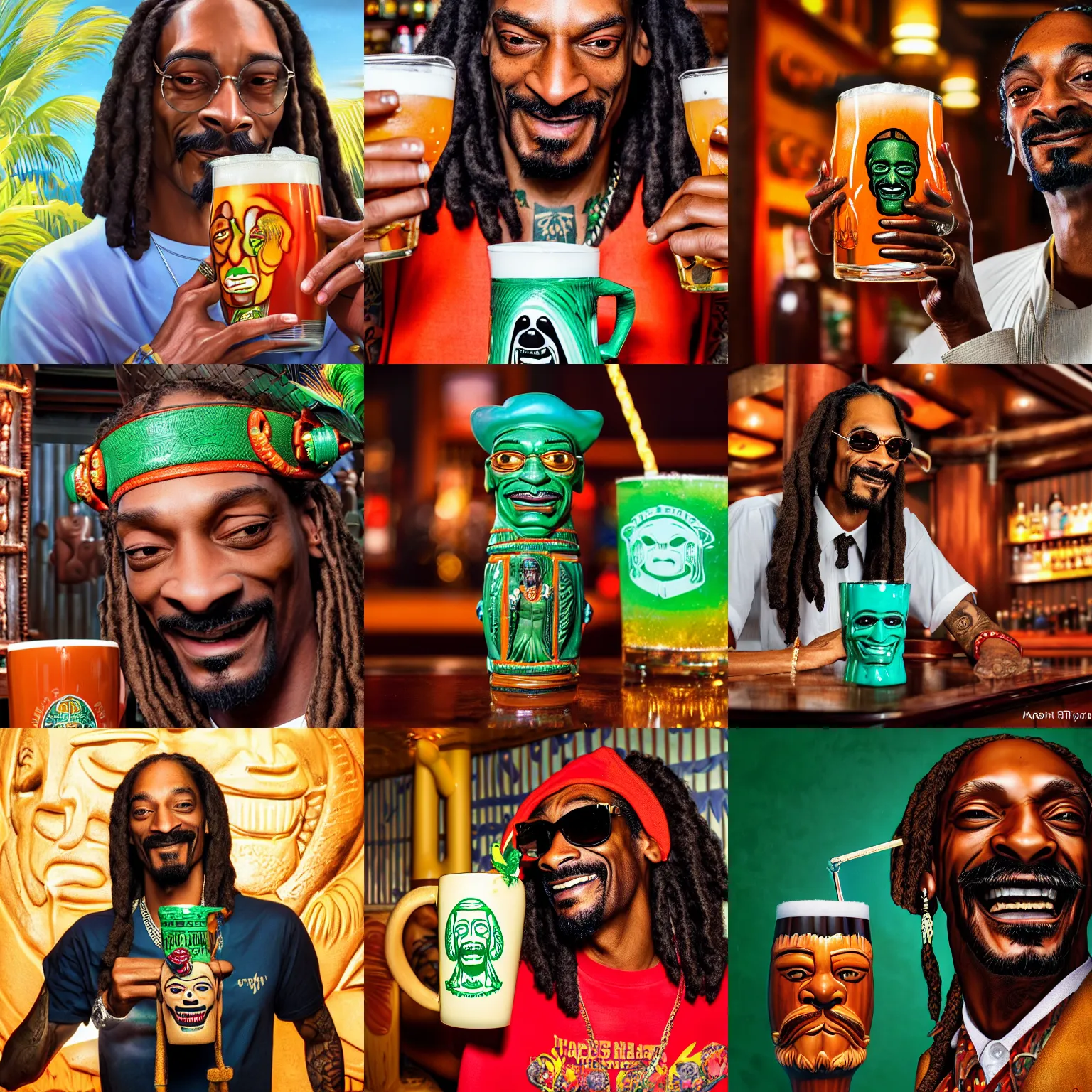 Prompt: a closeup photorealistic photograph of happy snoop dogg at trader vic's bar holding up a trader vic's tiki mug featuring the face of snoop dogg smoking. brightly lit scene. this 4 k hd image is trending on artstation, featured on behance, well - rendered, extra crisp, features intricate detail, epic composition and the style of unreal engine.