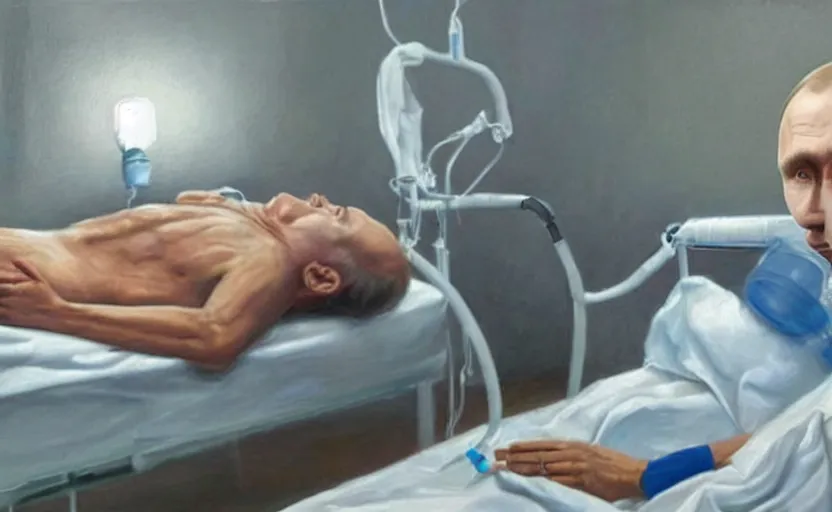 Prompt: hyperrealistic painting of very ill Vladimir Putin as a patient wearing an oxygen mask on a death bed inhaling from Copium tank that stand near his bed