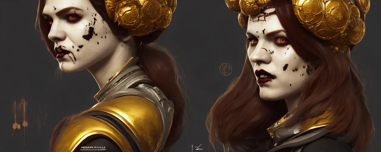 Image similar to duotone marble noir illustration 3 / 4 portrait of orianna bruxa vampire from witcher 3 darker ginger hair and headband in and brown clothes with golden ornaments. by sachin teng and sergey kolesov and ruan jia and heng z. graffiti art, scifi, fantasy, hyper detailed. octane render. concept art. trending on artstation