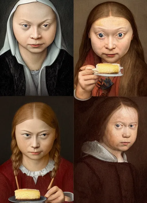 Image similar to greta thunberg eating cakes painted by hieronymus bosch, detailed digital art, trending on Artstation