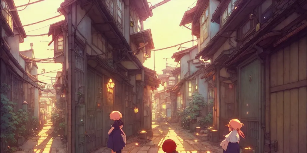 Image similar to the girl and the alley. anime visual of a cozy village, late in the evening. by hayao miyazaki and rossdraws and artgerm and greg rutkowski and alphonse mucha. anime production by studio ghibli. high quality, stunning, intricate detailed environment. 8 k