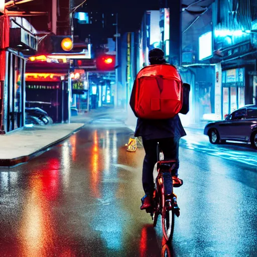 Prompt: food delivery driver with red backpack and futuristic rocket bike working in a rainy night in a cyberpunk city in cyberpunk style