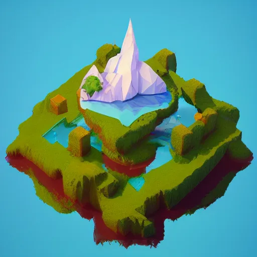 Image similar to a floating island on an aquatic environment isometric art, low poly art, game art, artstation, 3D render, high detail, cgsociety, unreal engine 5