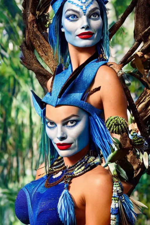 Image similar to margot robbie as a blue - skinned navi from the movie avatar wearing an elaborate beaded outfit, cosplay, photo by bruce weber