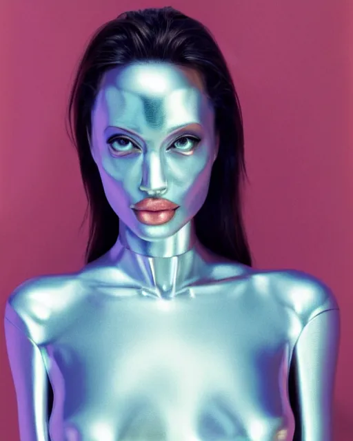 Prompt: Hajime Sorayama designed Metallic Robot Woman as Angelina Jolie, Studio Lighting. Robot woman’s skin made out of reflective chrome, Hyperreal