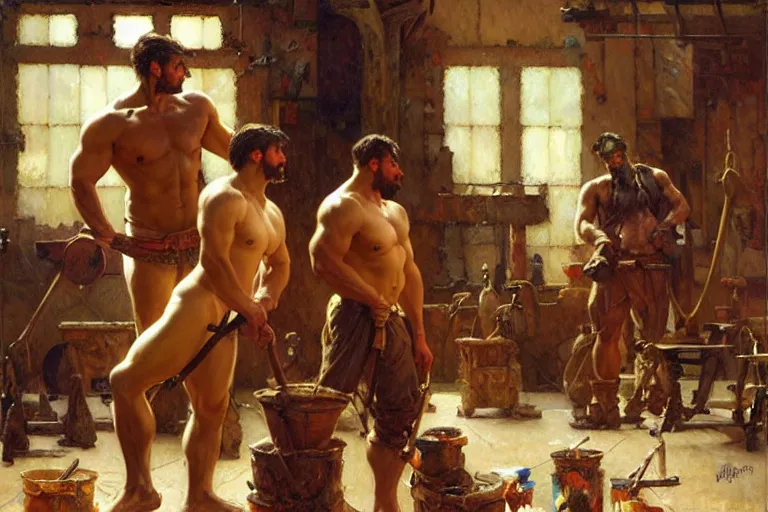 Image similar to muscular attractive blacksmiths in workshop, painting by gaston bussiere, craig mullins, greg rutkowski, alphonse mucha