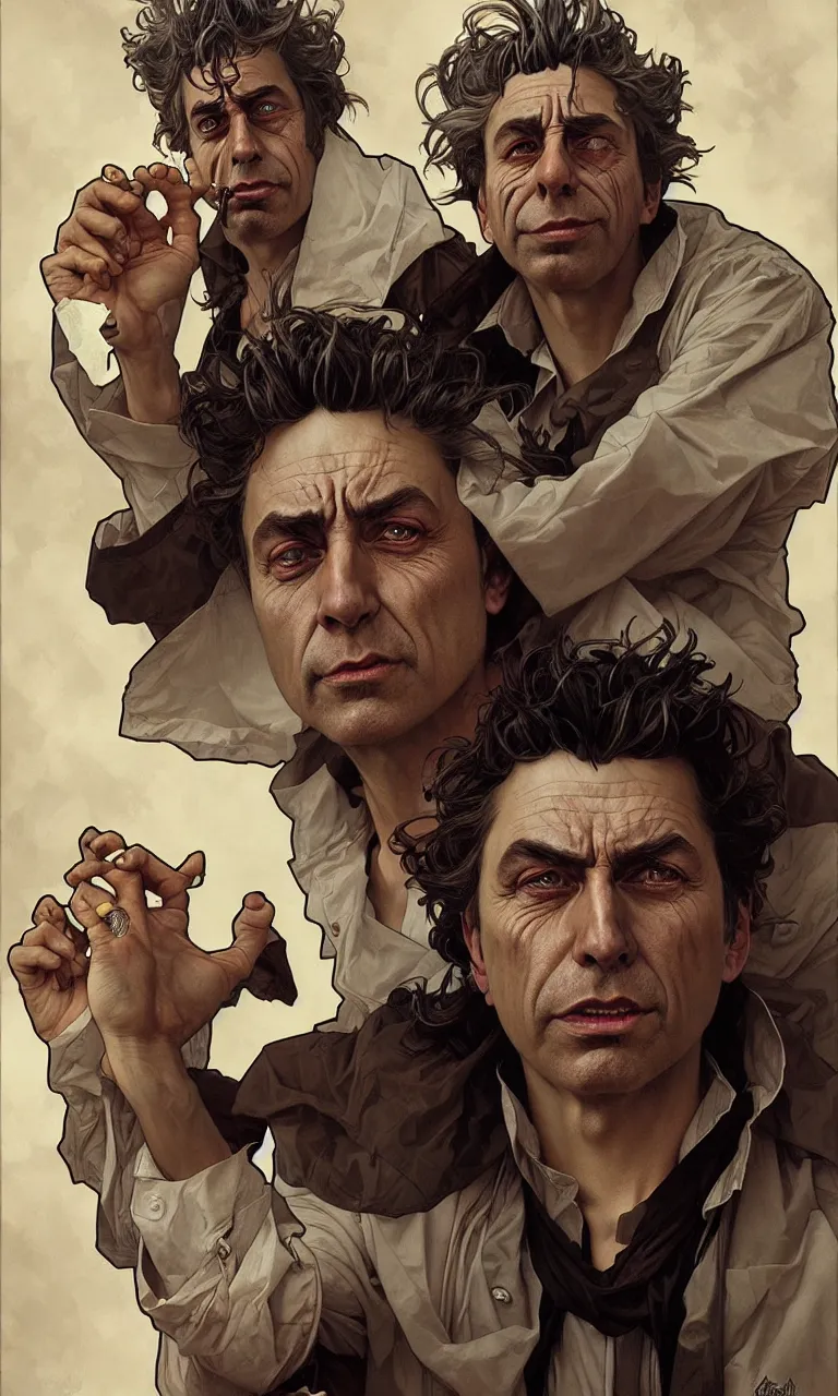 Image similar to hyper realistic portrait of rick sanchez by lee bermejo, alphonse mucha and greg rutkowski