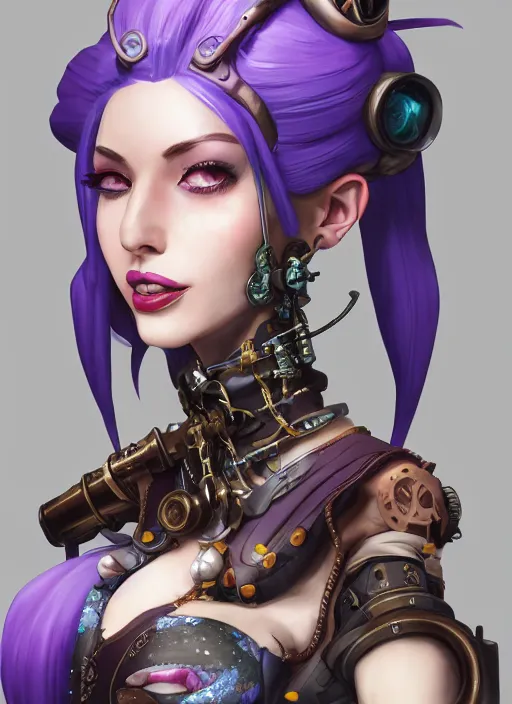 Image similar to steampunk portrait of jinx from league of legends, au naturel, hyper detailed, digital art, trending in artstation, cinematic lighting, studio quality, smooth render, unreal engine 5 rendered, octane rendered, art style by klimt and nixeu and ian sprigger and wlop and krenz cushart.