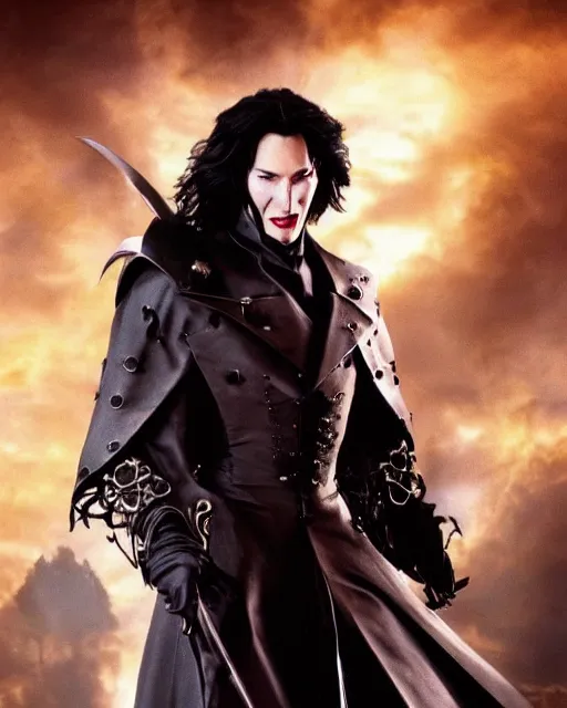 Image similar to live action vampire hunter D staring Keanu Reeves as D, the Dhampir, cinematic, Steampunk, Romania, Vampires, Anime