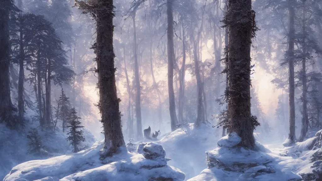 Image similar to the most beautiful panoramic landscape, oil painting, where a giant dreamy waterfall is frozen, the trees around have snow over their leafs, a majestic bison is exhaling steam and the ray lights of the sunrise are brightening him, by greg rutkowski