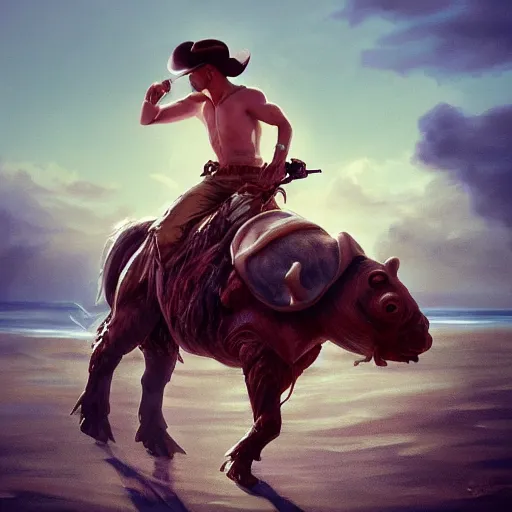 Prompt: a cowboy riding a tardigrade at the beach , made by Stanley Artgerm Lau, WLOP, Rossdraws, ArtStation, CGSociety, concept art, cgsociety, octane render, trending on artstation, artstationHD, artstationHQ, unreal engine, 4k, 8k,