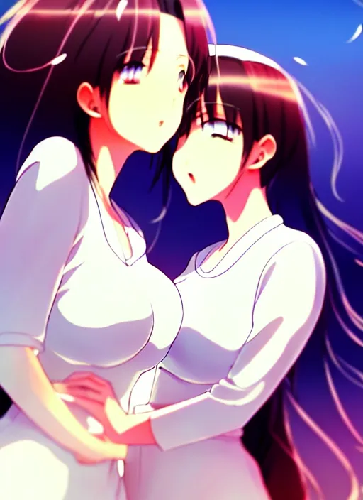 Prompt: two beautiful mothers out on a humid summer day, white tops, gorgeous faces, thick lines, cinematic lighting, detailed anime art