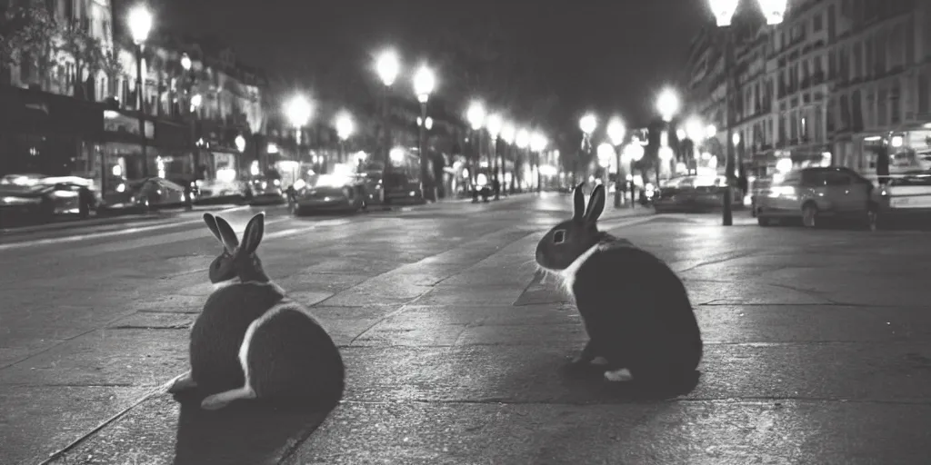 Image similar to a rabbit sitting outside a cafe in paris at night, the eiffel tower is visible in the background, black and white photograph