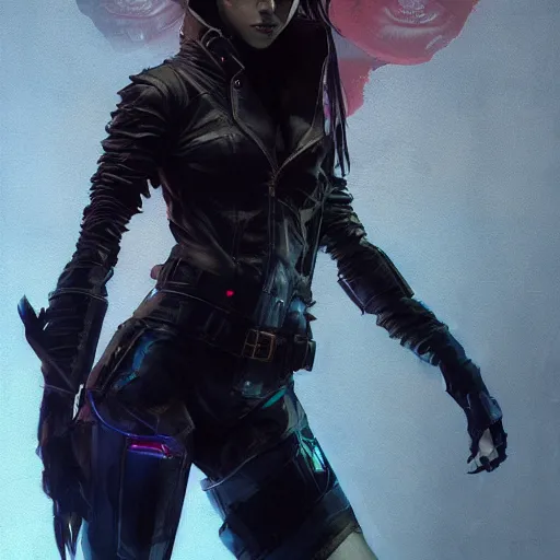 Image similar to full body portrait of an elf woman with elf ears wearing a leather jacket, cyberpunk digital art, dramatic lighting, illustration by Greg rutkowski, yoji shinkawa, 4k, digital art, concept art, trending on artstation