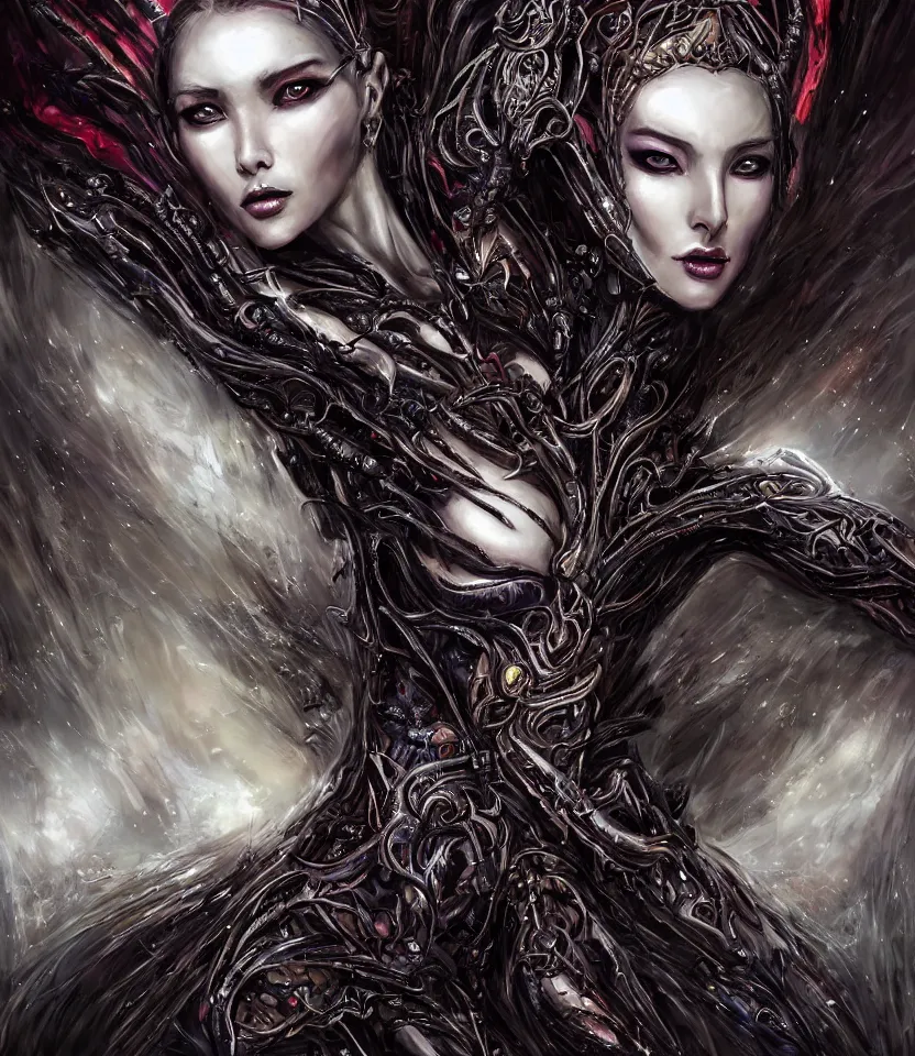Image similar to close up portrait on the enchanting femenine queen of the zerg, hyper attractive, seductive, very complex, hyper-maximalist, overdetailed, legendary cinematic, darkfantasy, archetype with timeless beauty breathtaking eyes, her spider like legs spread evenly around her framing the image, collossal alien ship in the sky behind her, highly intricate, digital art, very elegant, HDR 8K, biblical art, realism, incomprehensible yet perspicious detail, unbeatable quality, silent hill aesthetic, photorealistic, lifelike, DSLR 8k, unbeatable coherency, Omnious intricate, octane render, created Nixeu & z--ed from deviantart