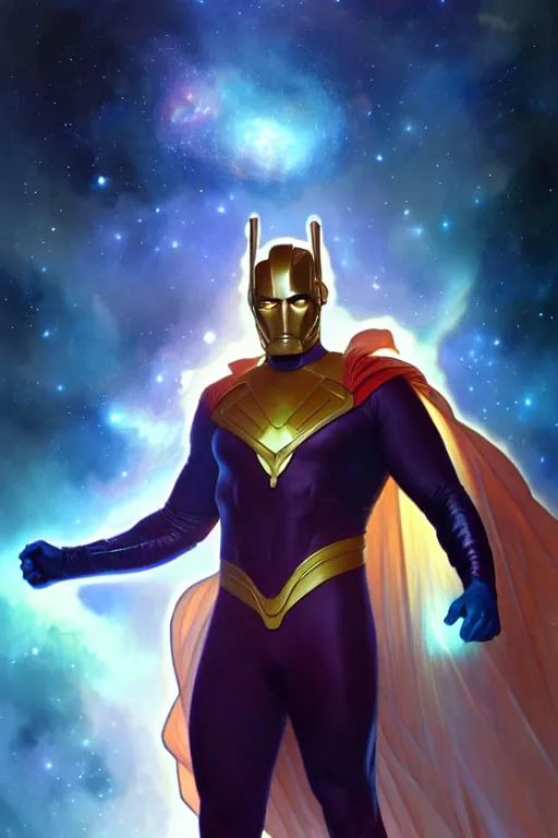 Prompt: a nebula powered male dressed as a superhero. space background, dynamic lighting, clean elegant painting, beautiful detailed face. by artgerm and greg rutkowski and alphonse mucha, 4 k
