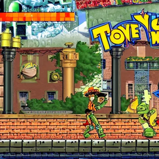 Image similar to gameplay still of metal slug game featuring toy story characters, by SNK for neo Geo arcade