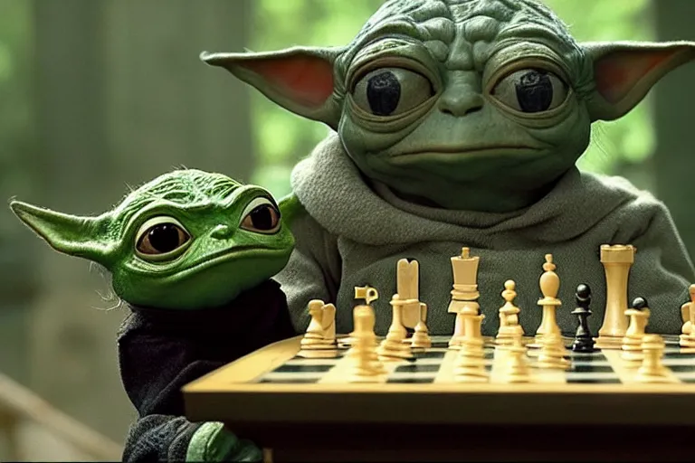 Prompt: pepe the frog playing chess with yoda in a scene from'the empire strikes back, teach you i will ', hyper realistic, great depth of field cinematic