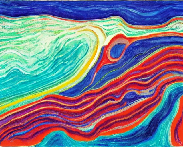 Image similar to Ocean waves in a psychedelic dream world. DMT. Curving rivers. Craggy mountains. Landscape painting by Edvard Munch. David Hockney. Wayne Thiebaud.