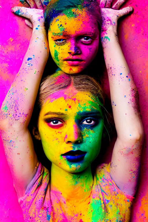 Image similar to A full body portrait of a girl covered in holi powder featured in Vogue and GQ editorial fashion photography, beautiful eye, symmetry face, haute couture dressed by Givenchy and Salvatore Ferragamo