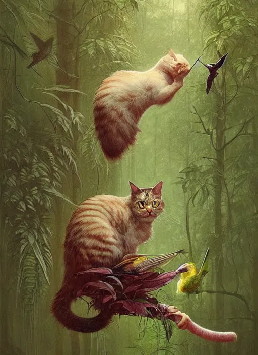 Image similar to a hyper realistic illustrated cat with playing with a hummingbird on its paw in the woods gorgeous lighting, lush forest foliage painting by chiara bautista and beksinski and norman rockwell and greg rutkowski weta studio, and lucasfilm