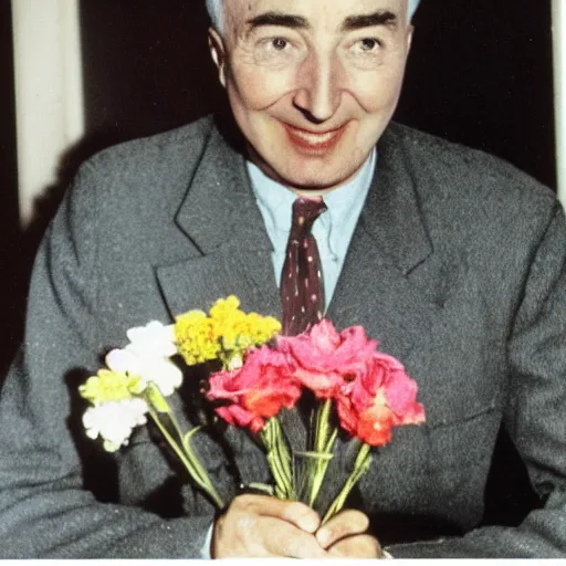 Image similar to color photo of robert oppenheimer selling flowers