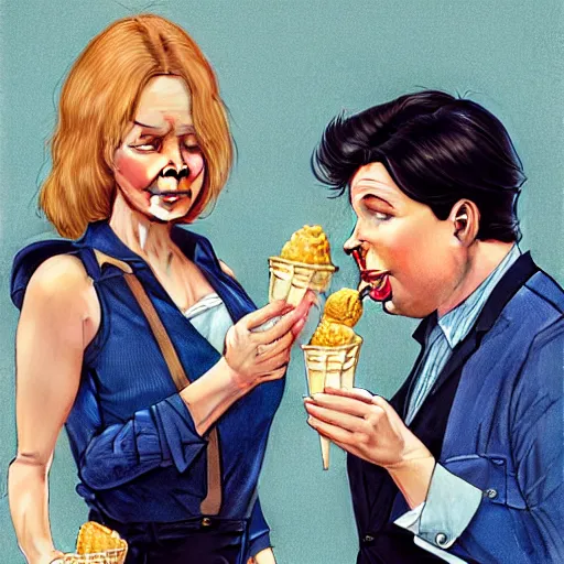 Prompt: michael mcintyre & a blonde fuller figured barbara bach from the bond film wearing blue dungarees and eating ice creams, real life skin, intricate, elegant, highly detailed, artstation, concept art, smooth, sharp focus, art by artgerm and greg rutkowski and alphonse mucha