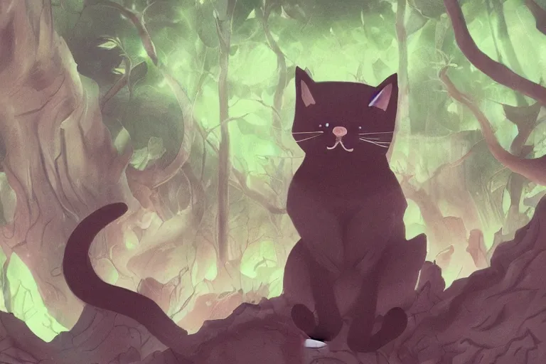 Image similar to a cat in a dark forest, highly detailed, digital art, trending on artstation, backlighting, by kawacy, by ken sugimori, fan art