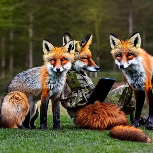 Image similar to a group of fox animals dressed in modern american military soldier uniforms, foxes laughing at a computer, 8 5 mm f / 1. 4