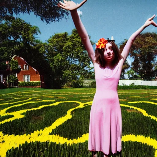 Image similar to giant flower head, full body, girl standing in front of house, surreal photography, symmetry, mid century, flat light, bright colours, blue sky, realistic, wes anderson