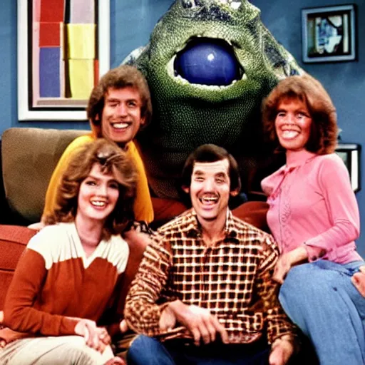 Image similar to vintage 1 9 8 0's sitcom, a happy photogenic family and a large giant evil wet slimy detailed monstrous creature inside a 1 9 8 0's sitcom living room